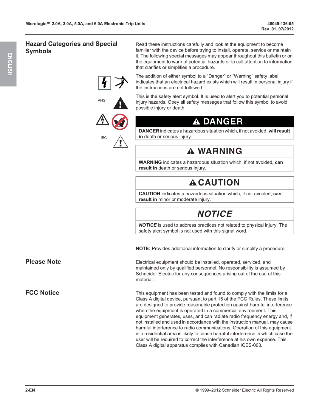 Schneider Electric 3.0A, 2.0A, 5.0A Hazard Categories and Special Symbols, Please Note, FCC Notice, Death or serious injury 