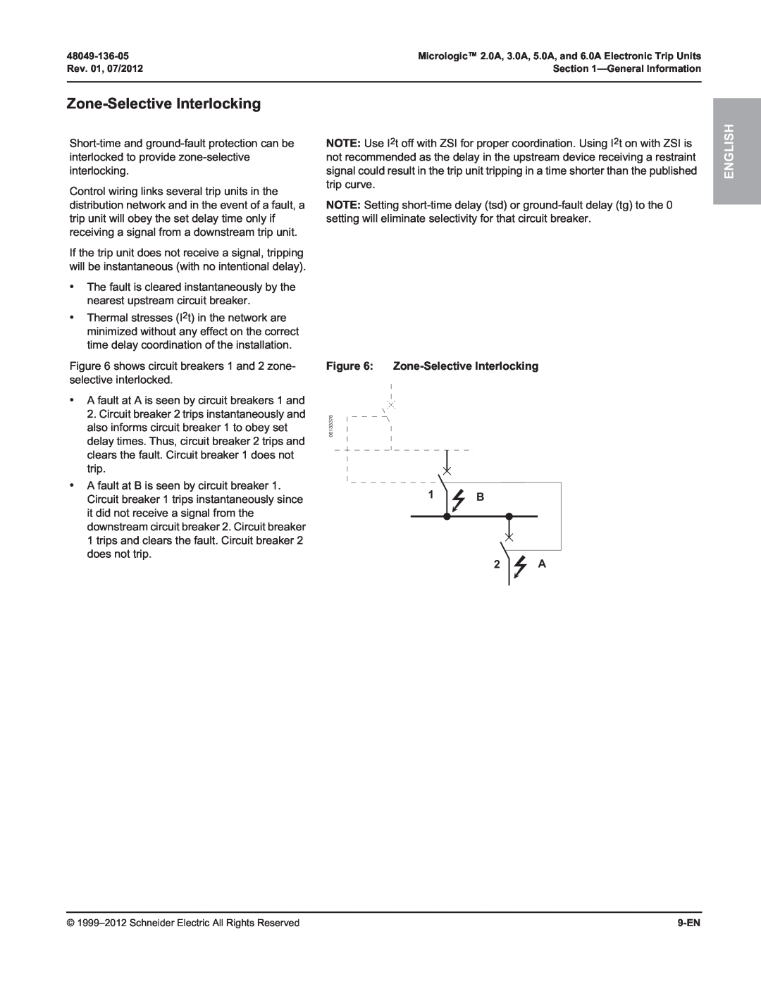 Schneider Electric 5.0A, 3.0A, 2.0A, and 6.0A manual Zone-Selective Interlocking, 1 B 2 A, English 