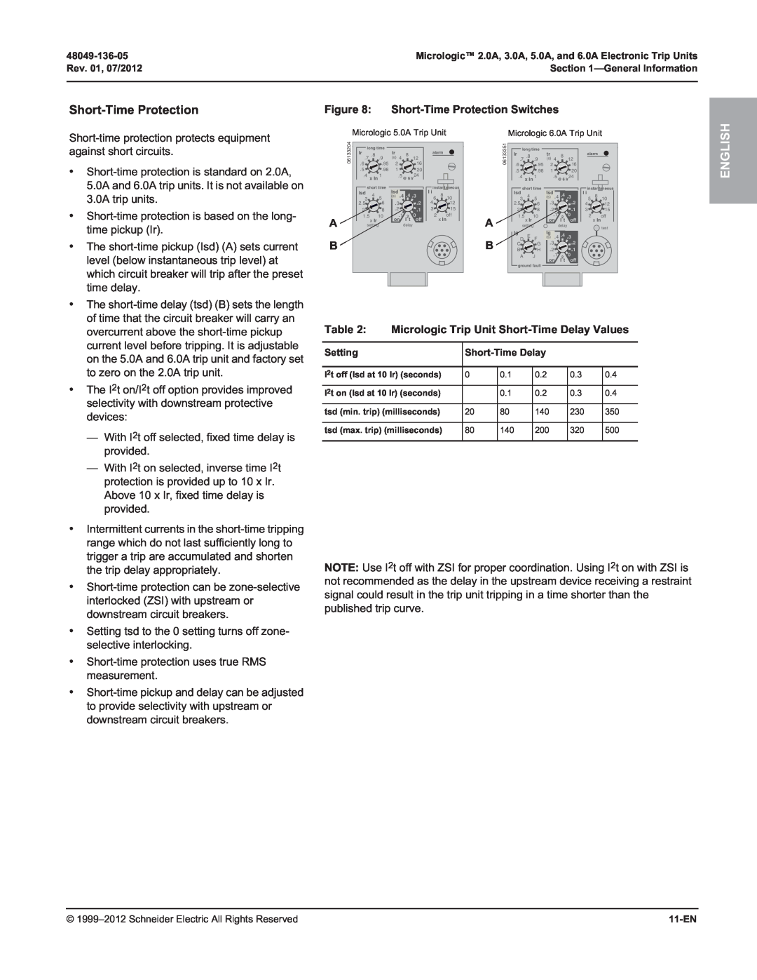 Schneider Electric 2.0A, 3.0A Short-Time Protection Switches, Micrologic Trip Unit Short-Time Delay Values, English 