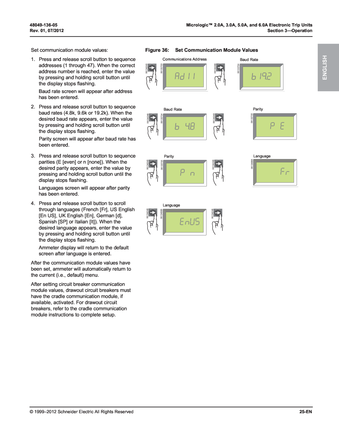 Schneider Electric 5.0A, 3.0A, 2.0A, and 6.0A manual Set Communication Module Values, English 