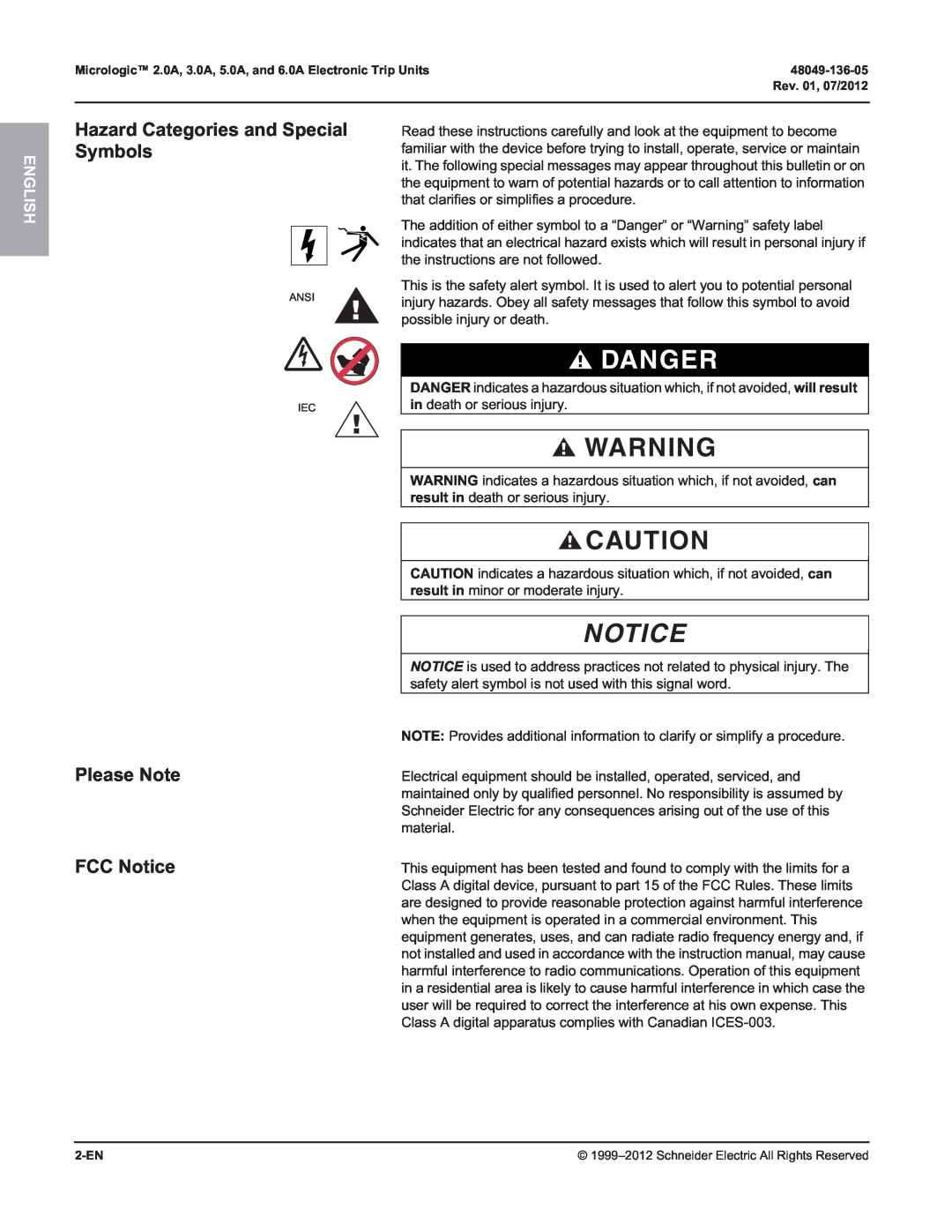Schneider Electric 3.0A Danger, Hazard Categories and Special Symbols, Please Note, FCC Notice, in death or serious injury 