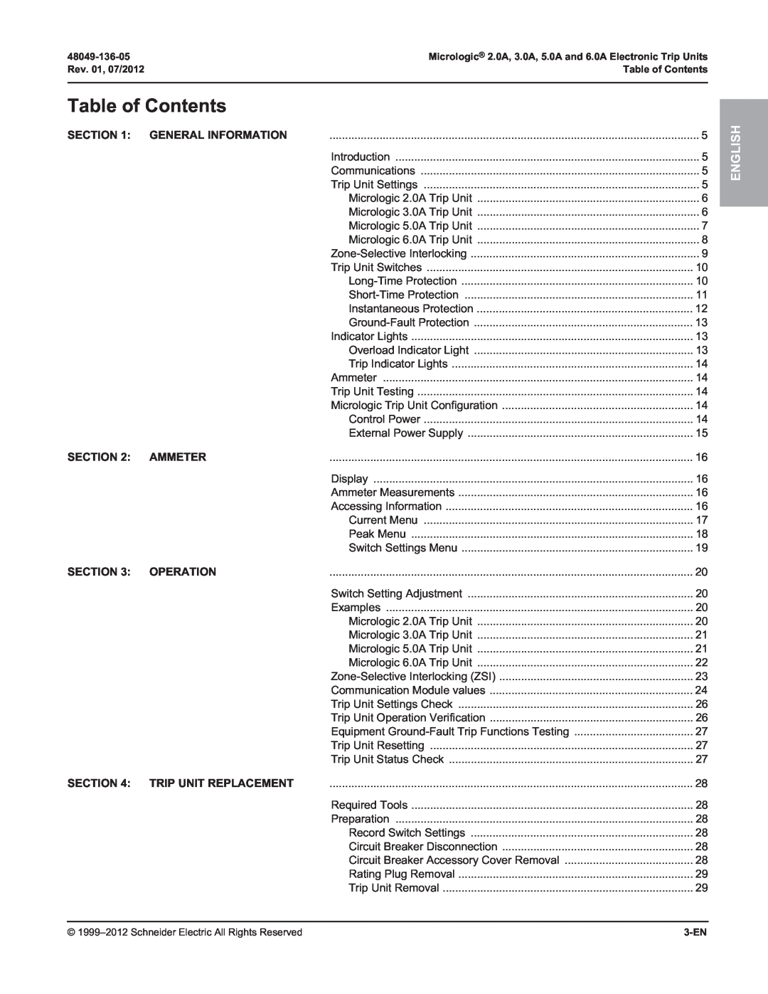 Schneider Electric 2.0A, 3.0A Table of Contents, Section, General Information, Ammeter, Operation, Trip Unit Replacement 