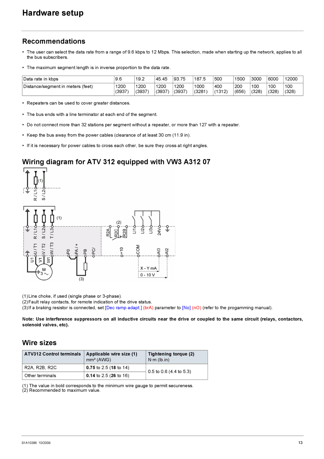 Schneider Electric manual Recommendations, Wiring diagram for ATV 312 equipped with VW3 A312, Wire sizes 