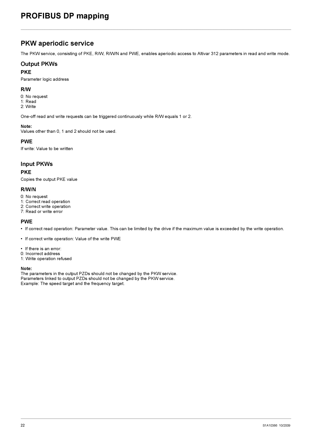 Schneider Electric 312 manual PKW aperiodic service, Output PKWs, Input PKWs 