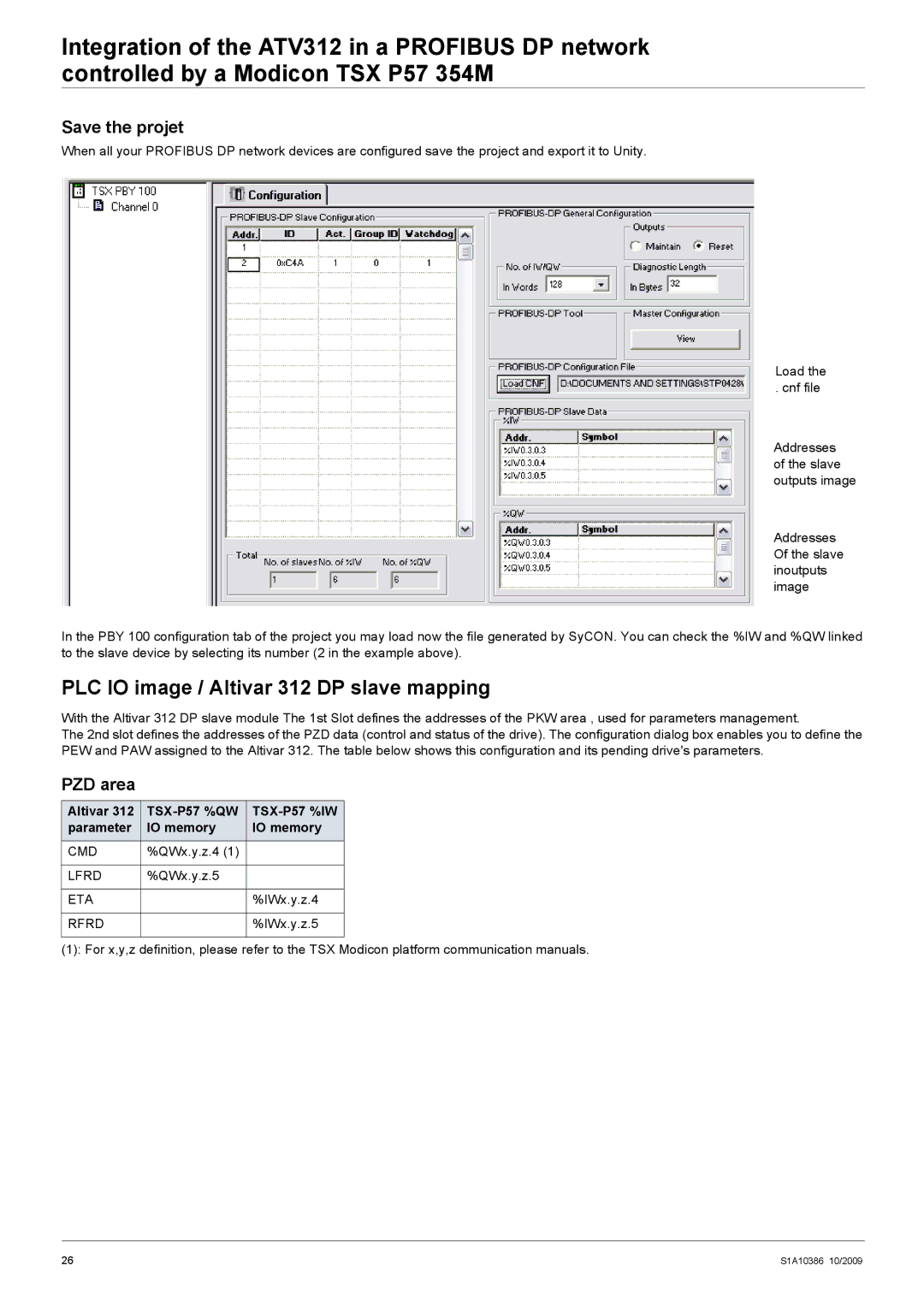 Schneider Electric manual PLC IO image / Altivar 312 DP slave mapping, Save the projet, PZD area 