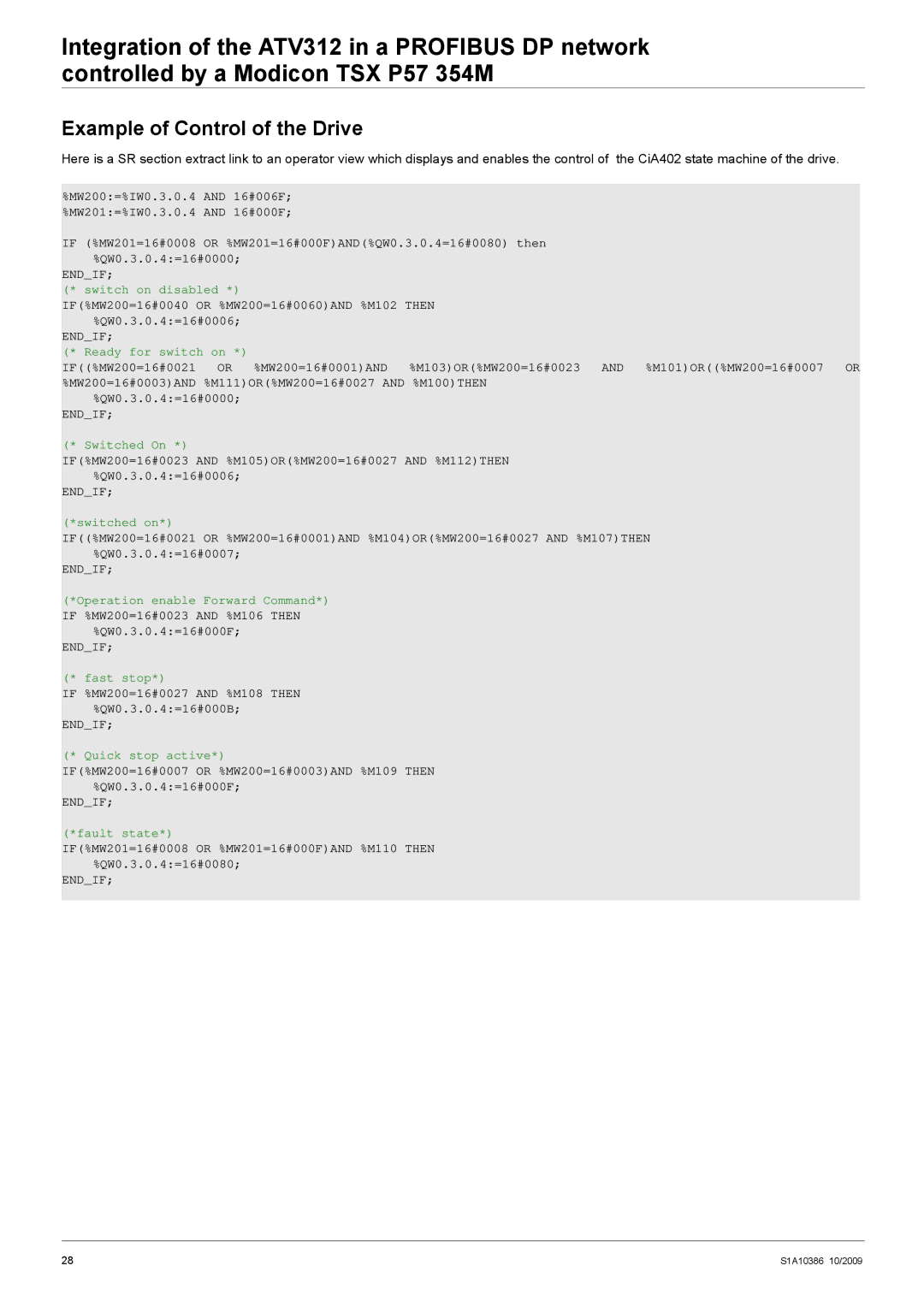 Schneider Electric 312 manual Example of Control of the Drive, Ready for switch on 