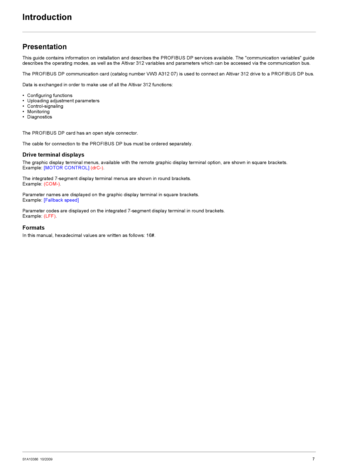 Schneider Electric 312 manual Introduction, Presentation, Drive terminal displays, Formats 