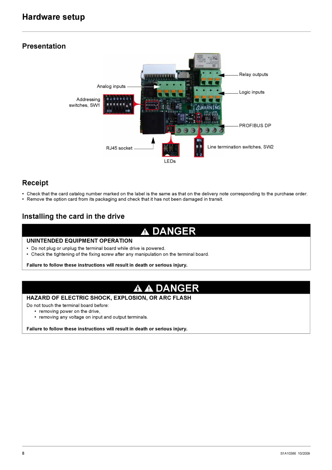 Schneider Electric 312 manual Hardware setup, Receipt, Installing the card in the drive 