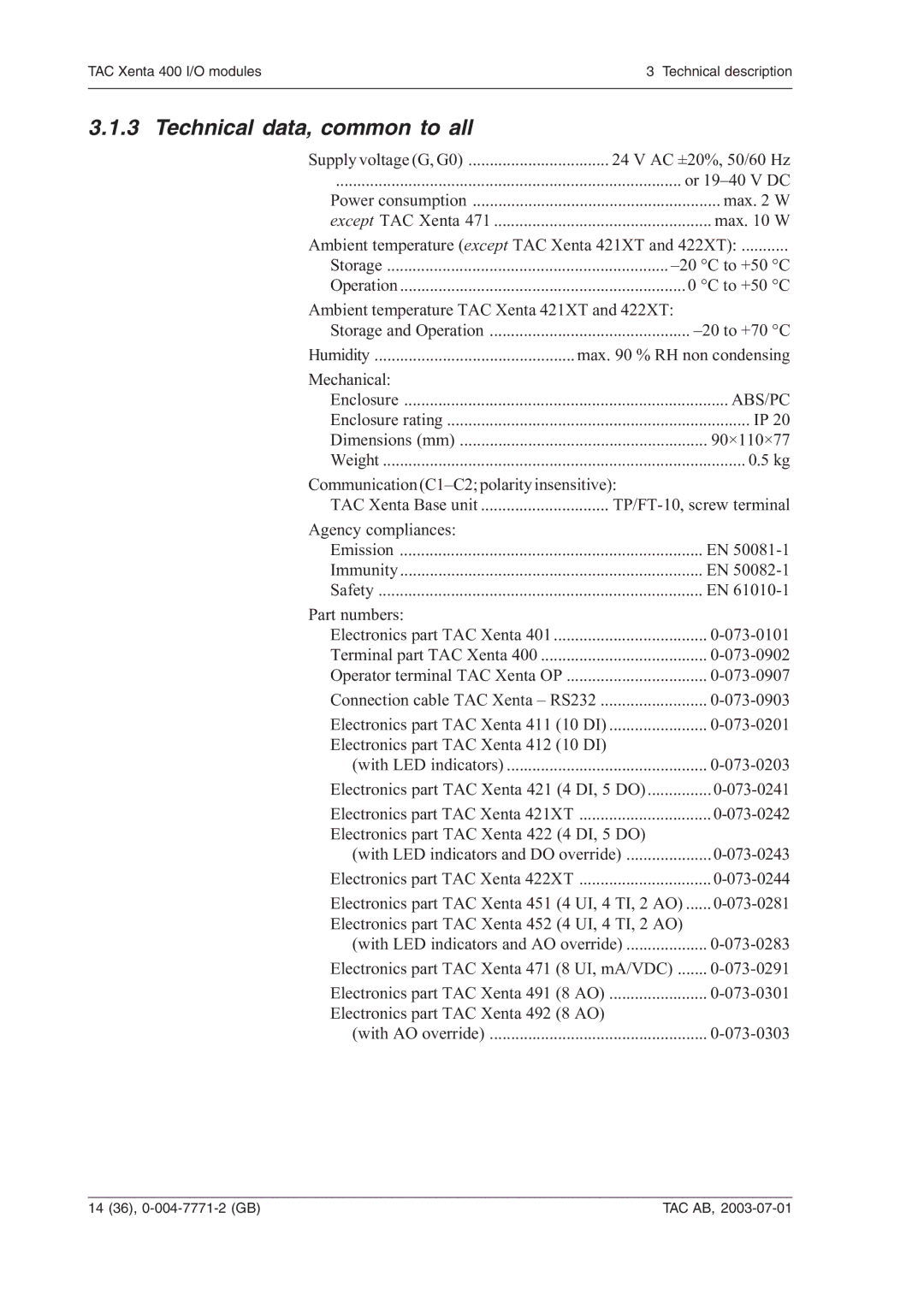 Schneider Electric 400 manual Technical data, common to all 