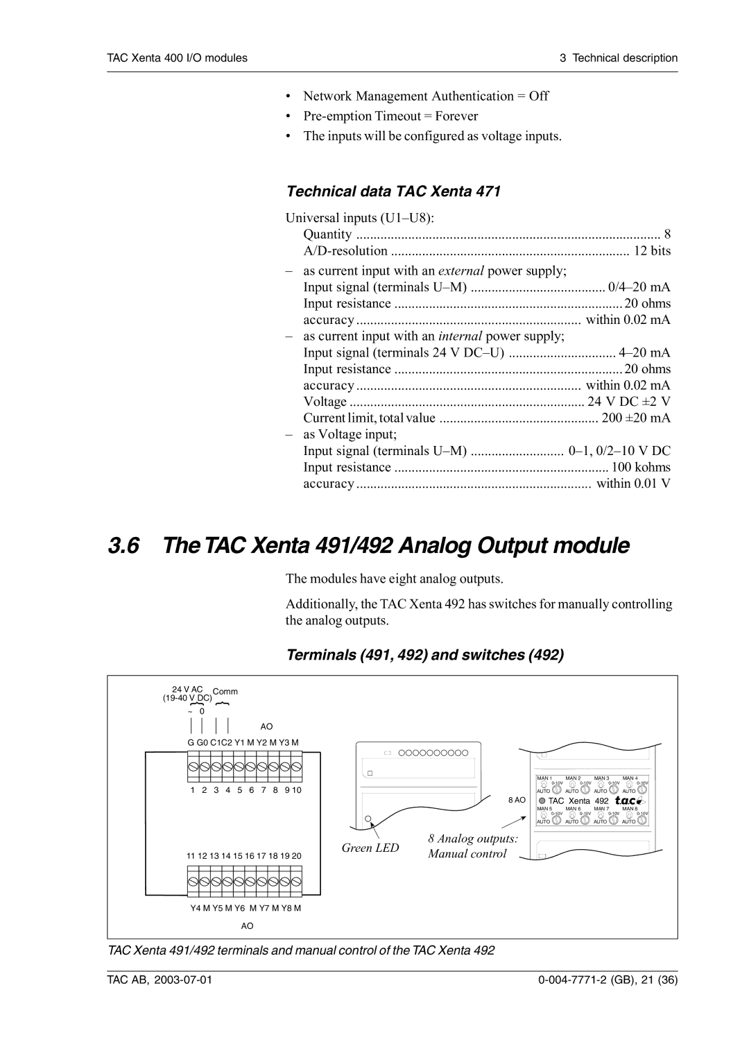 Schneider Electric 400 TAC Xenta 491/492 Analog Output module, Technical data TAC Xenta, Terminals 491, 492 and switches 