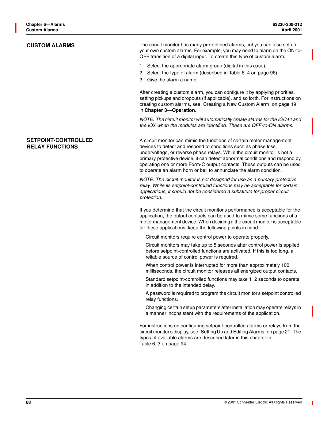Schneider Electric 4000 manual Custom Alarms SETPOINT-CONTROLLED Relay Functions, Alarms 63230-300-212 Custom Alarms April 