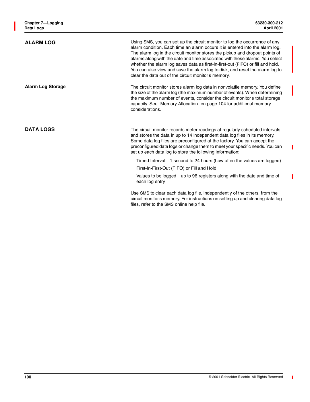 Schneider Electric 4000 manual Alarm LOG, Data Logs, Alarm Log Storage 