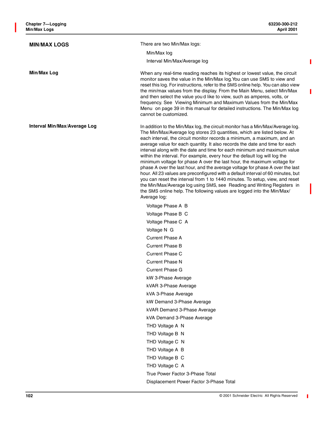 Schneider Electric 4000 MIN/MAX Logs, Min/Max Log Interval Min/Max/Average Log, Logging 63230-300-212 Min/Max Logs April 