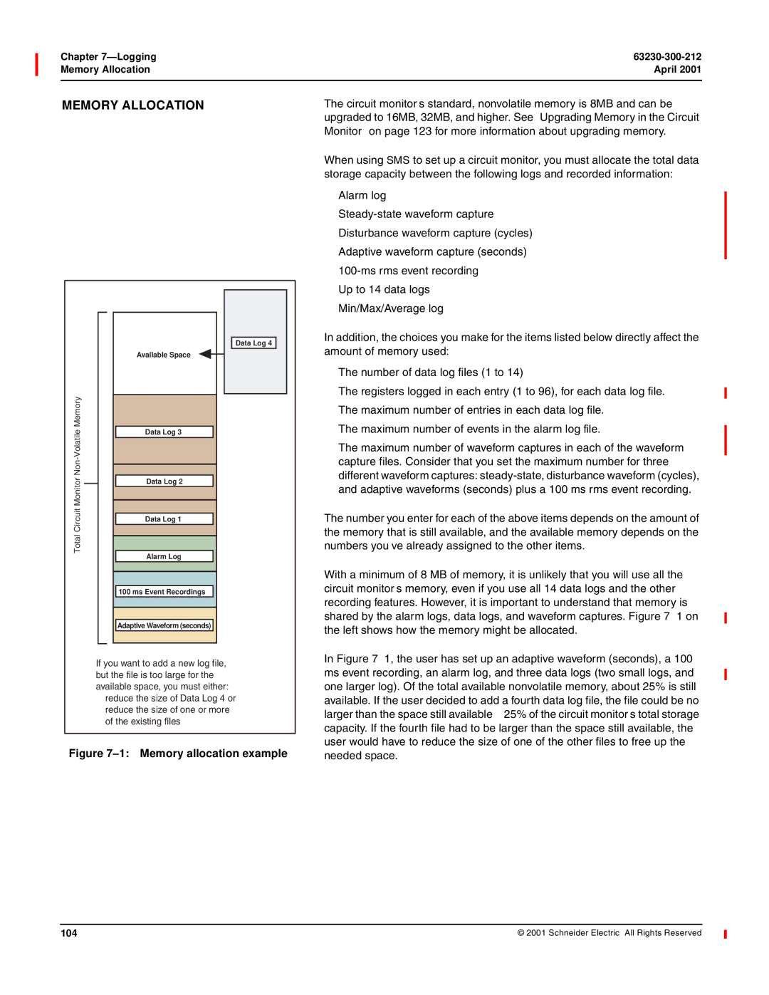 Schneider Electric 4000 manual Logging Memory Allocation, 104 