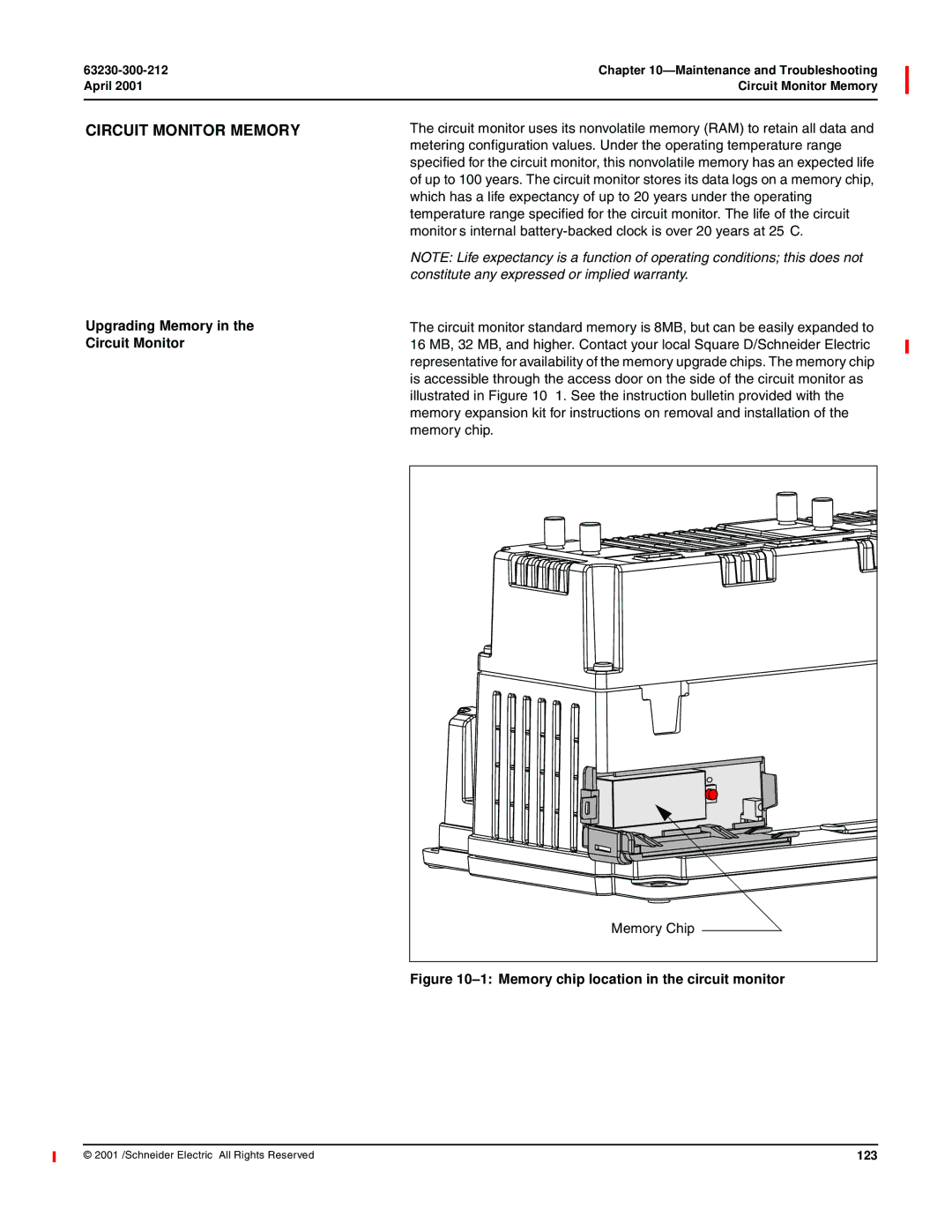 Schneider Electric 4000 manual Upgrading Memory in the Circuit Monitor, April Circuit Monitor Memory, 123 