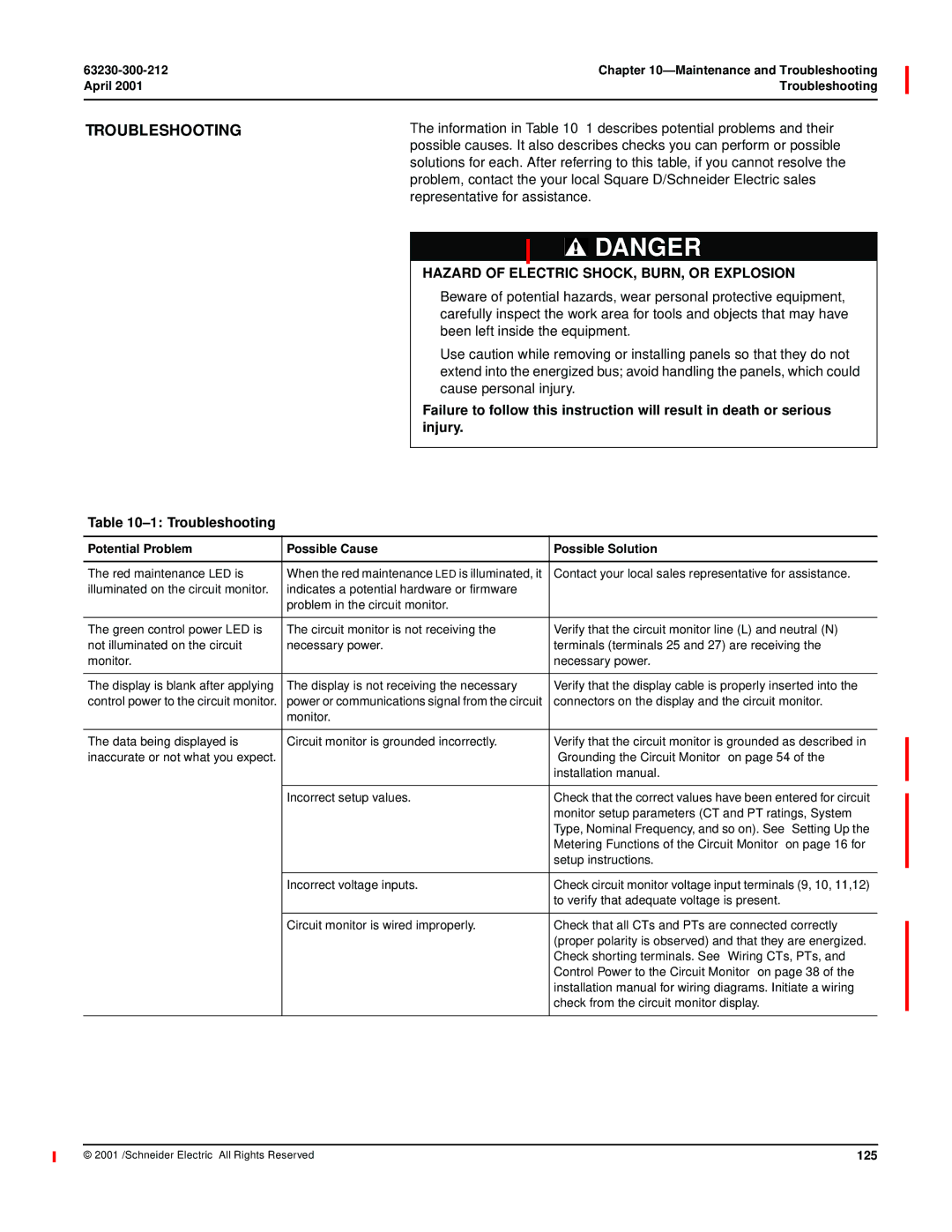 Schneider Electric 4000 manual Troubleshooting, Information in -1 describes potential problems and their 