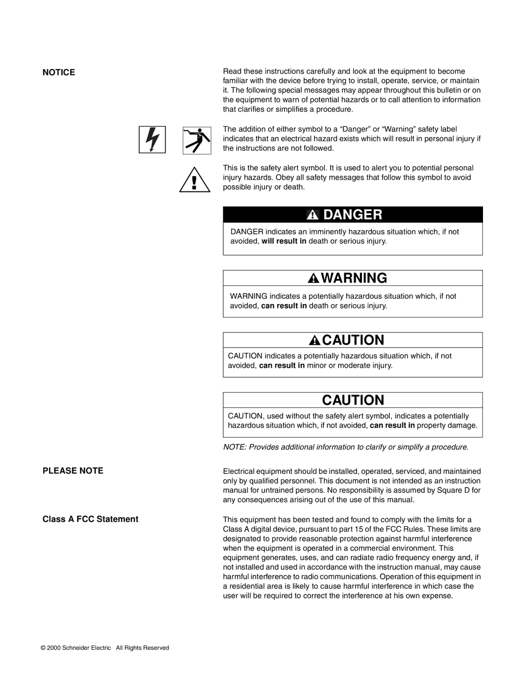 Schneider Electric 4000 manual Please Note, Class a FCC Statement 