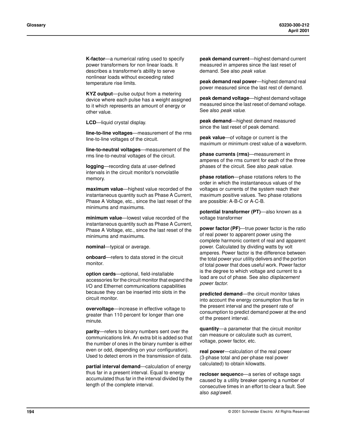 Schneider Electric 4000 manual Potential transformer PT-also known as a, Glossary 63230-300-212 April, 194 