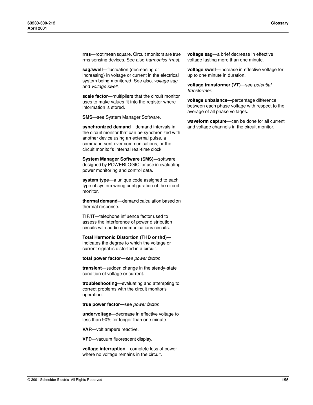 Schneider Electric 4000 manual True power factor-seepower factor, Voltage transformer VT-seepotential, 195 