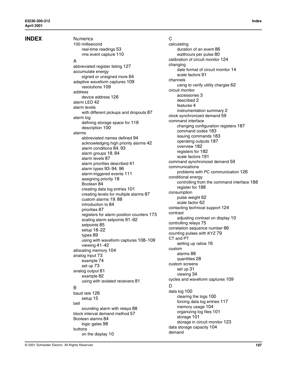 Schneider Electric 4000 manual INDEXNumerics, 197 