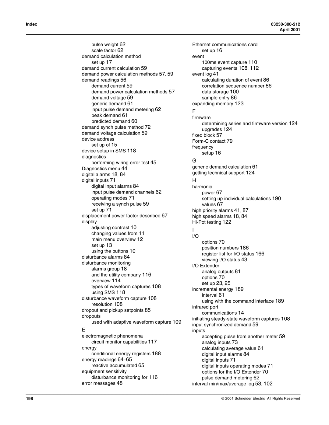 Schneider Electric 4000 manual Index 63230-300-212 April, 198 