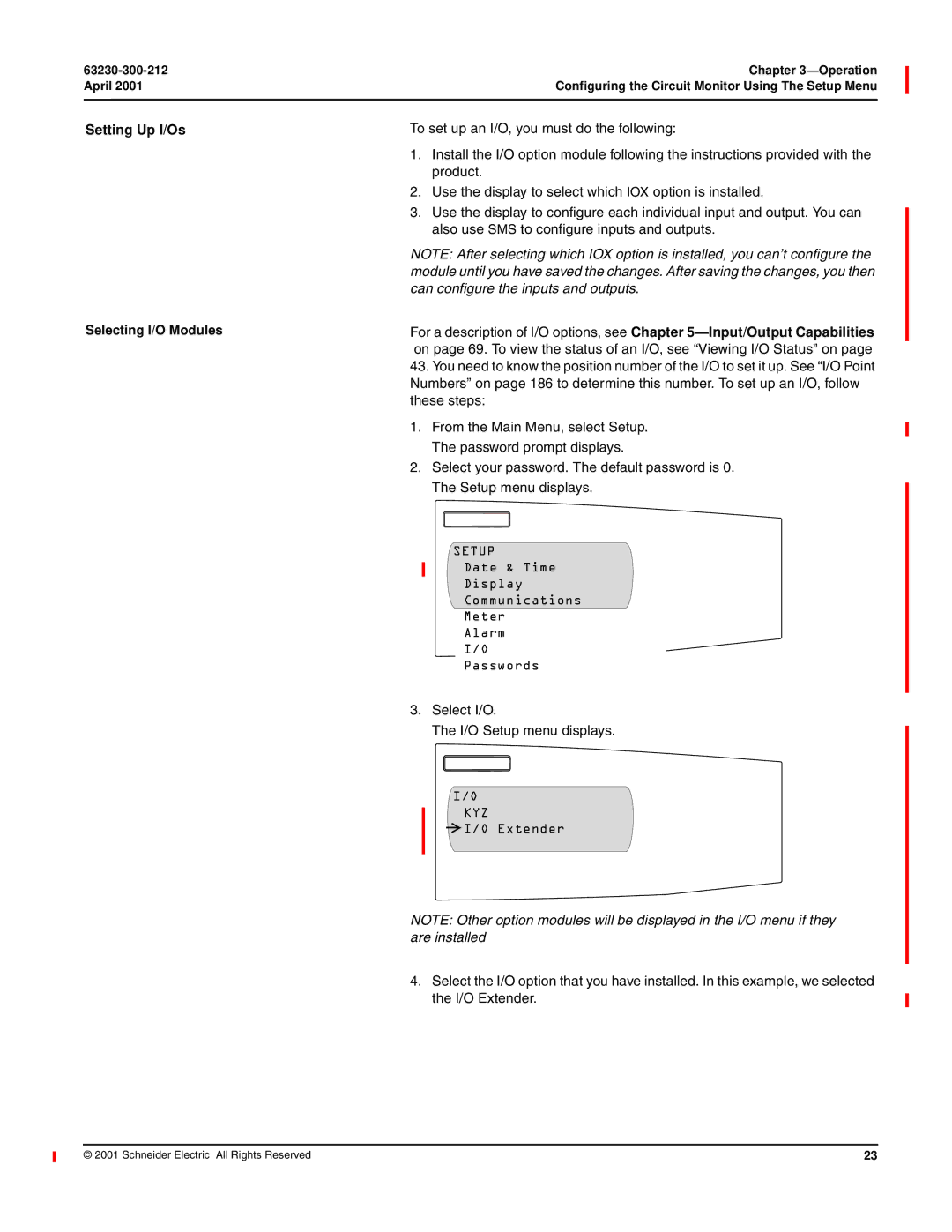 Schneider Electric 4000 Setting Up I/Os, Setup, Date & Time Display Communications Meter Alarm Passwords, Kyz, Extender 