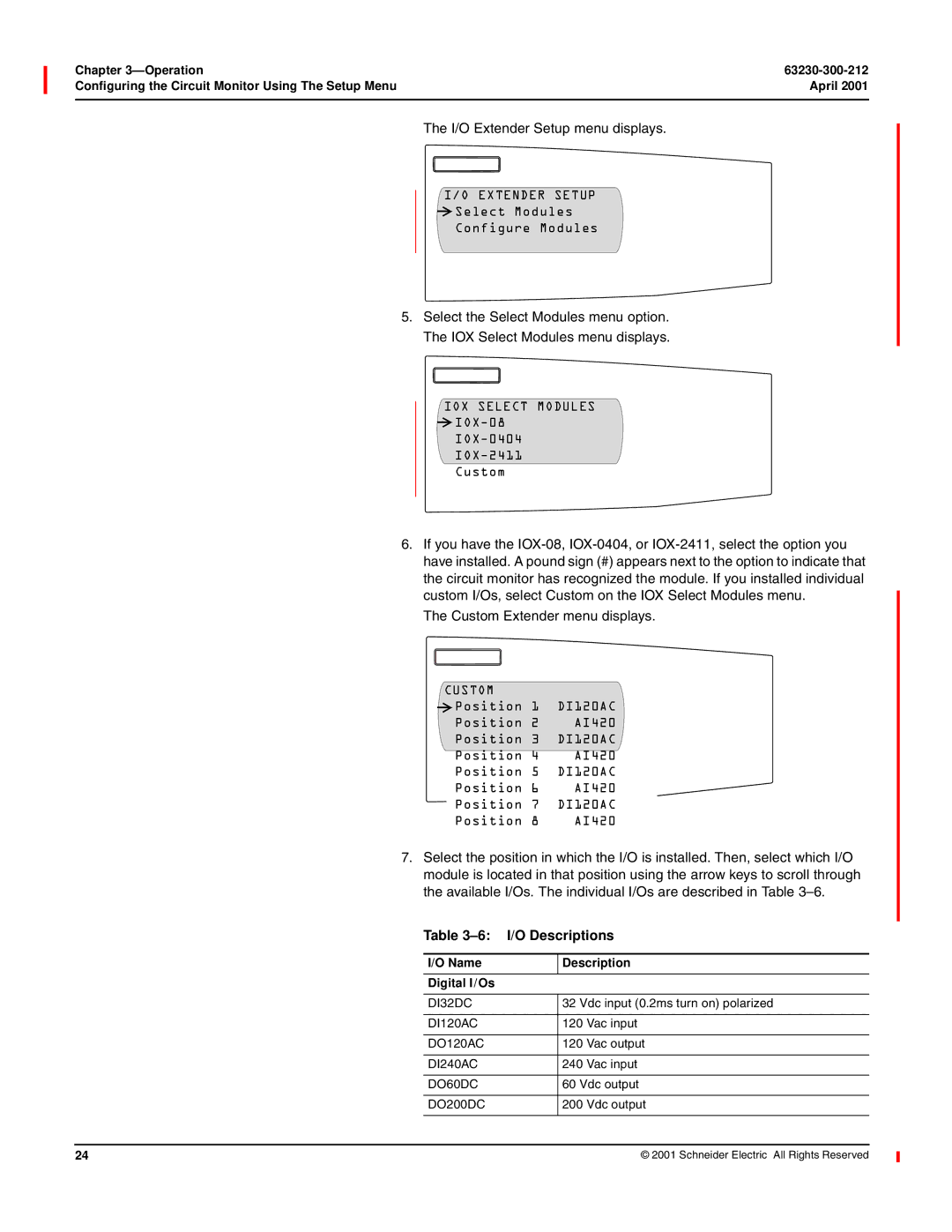 Schneider Electric 4000 manual Extender Setup, IOX Select Modules, Custom, DI120AC, I/O Descriptions 