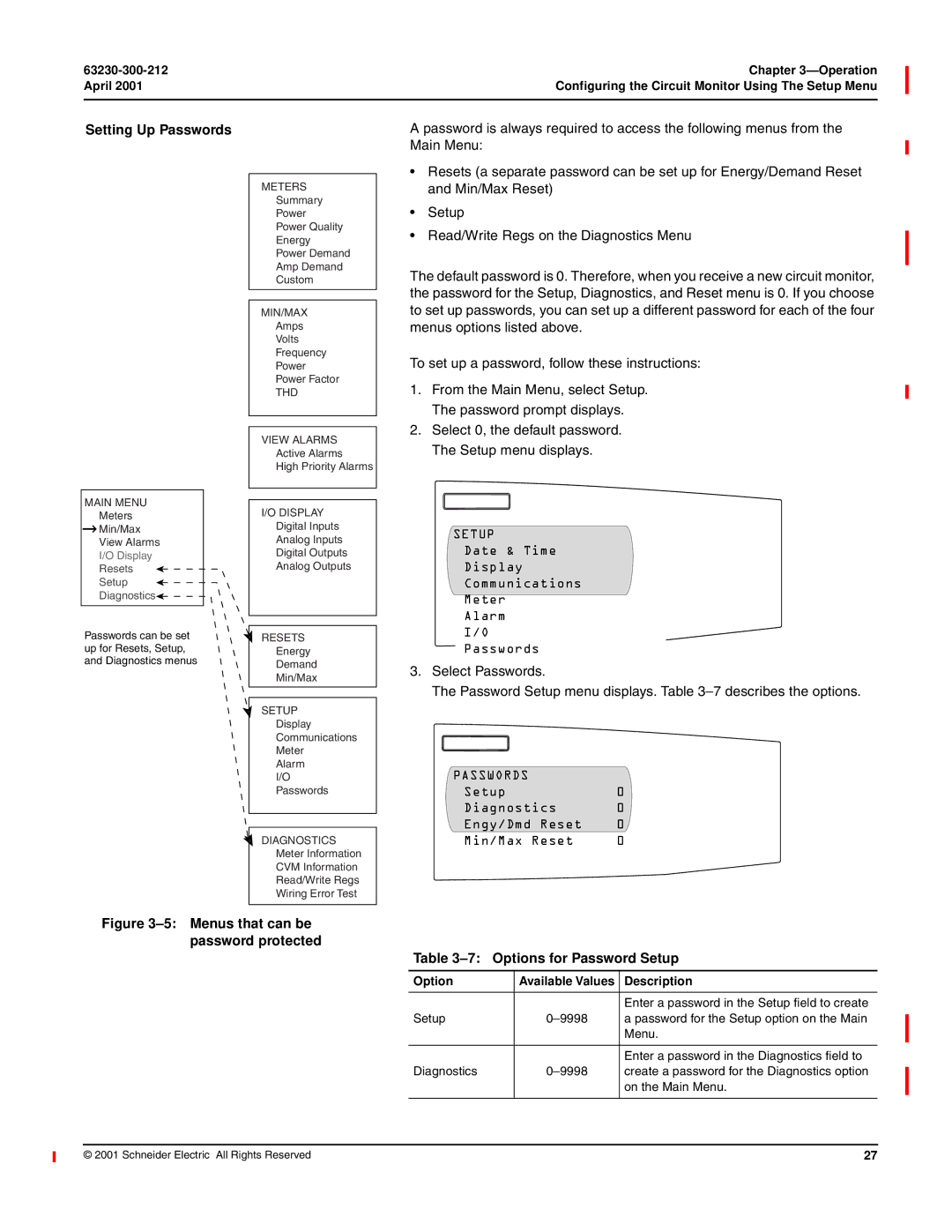 Schneider Electric 4000 manual Setting Up Passwords, Setup Diagnostics Engy/Dmd Reset Min/Max Reset 