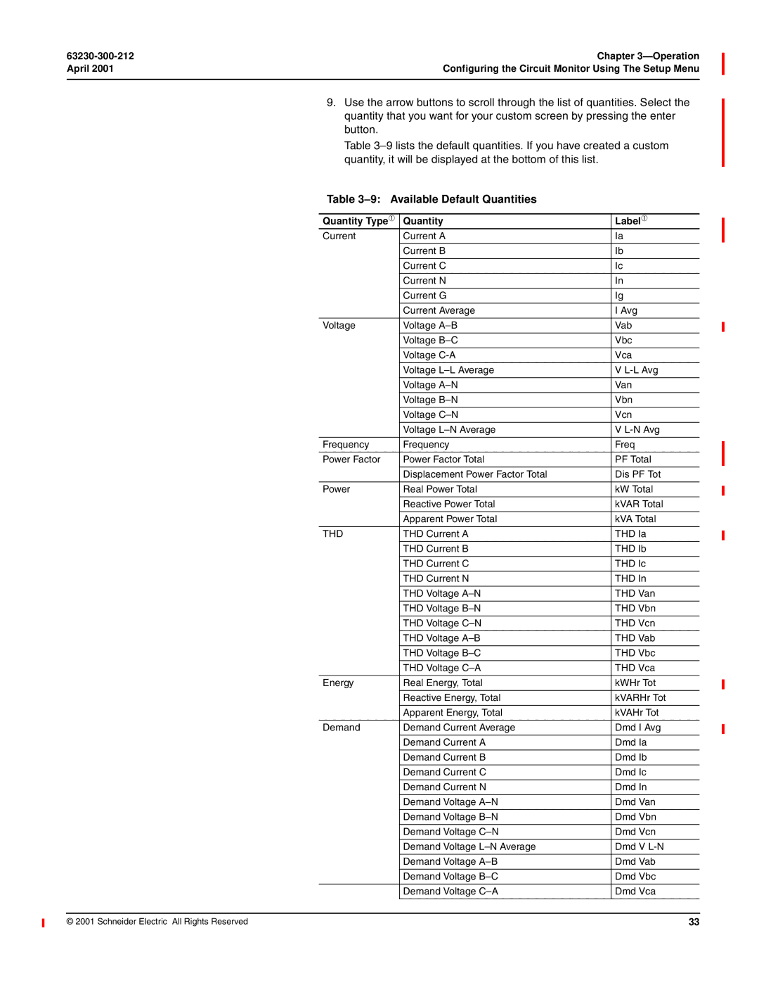 Schneider Electric 4000 manual Available Default Quantities, Quantity Type Q Label Q 