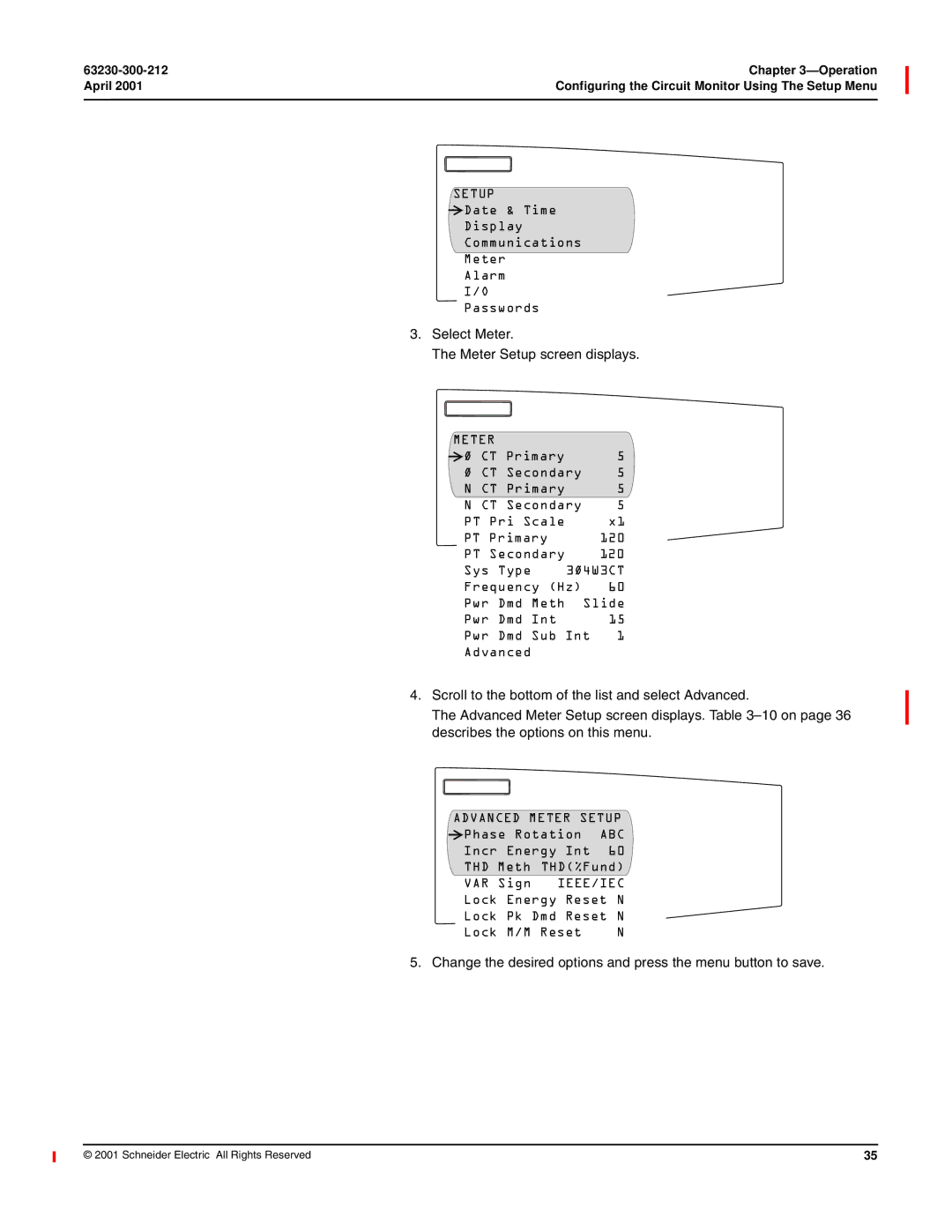 Schneider Electric 4000 manual Select Meter Meter Setup screen displays, Advanced Meter Setup 