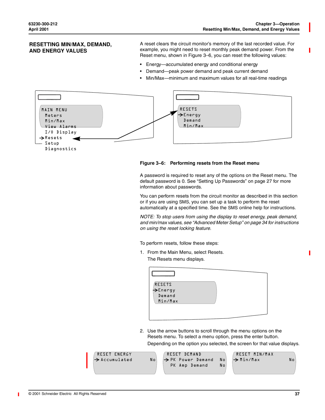 Schneider Electric 4000 manual Resetting MIN/MAX, DEMAND, and Energy Values, Main Menu Resets, Energy Demand Min/Max 