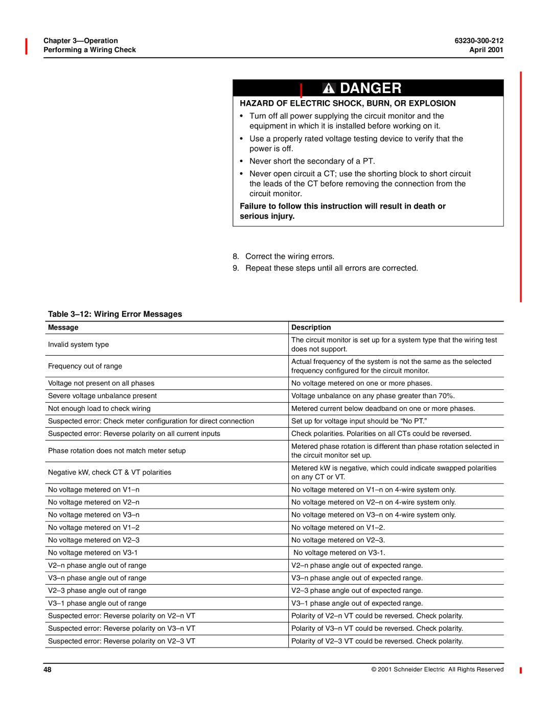 Schneider Electric 4000 manual Wiring Error Messages, Message Description 