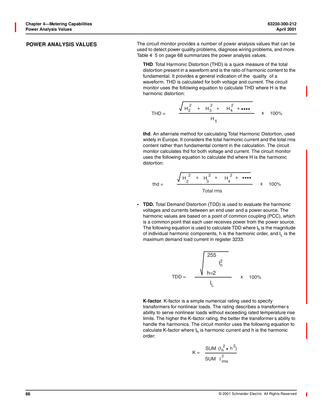 Schneider Electric 4000 Power Analysis Values, On page 68 summarizes the power analysis values, Harmonic distortion, 100% 