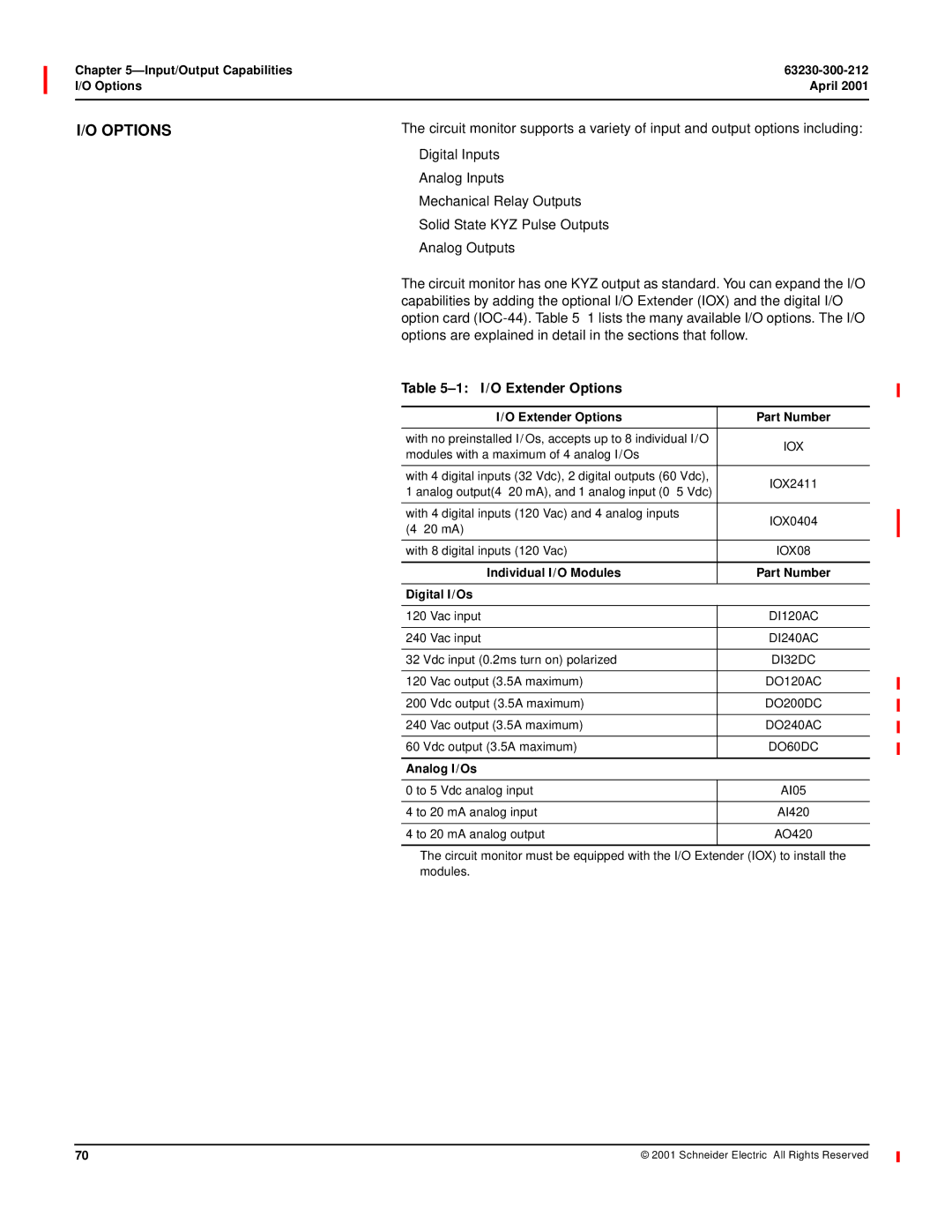 Schneider Electric 4000 manual I /O Extender Options, Input/Output Capabilities 63230-300-212 Options April 