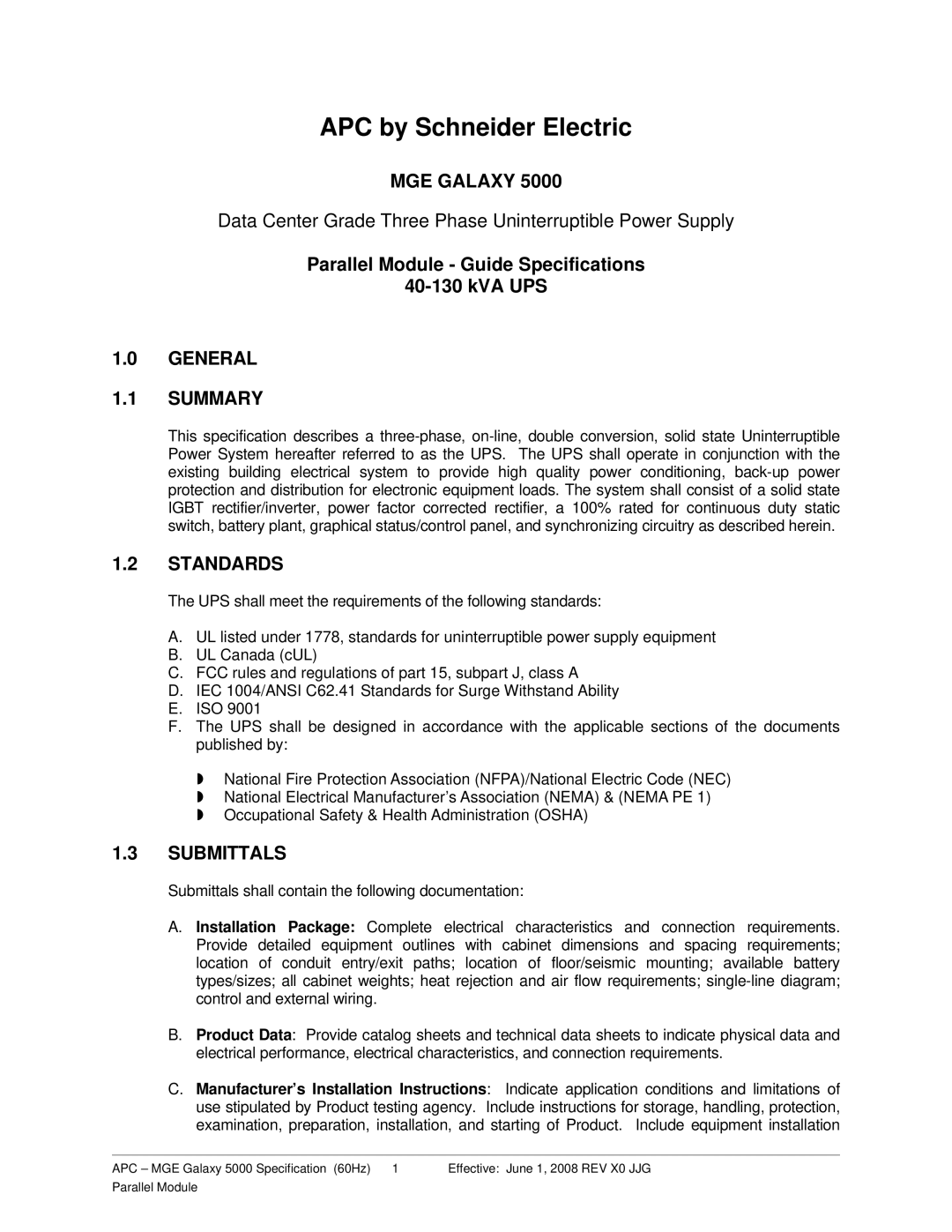 Schneider Electric 5000 specifications MGE Galaxy, General Summary, Standards, Submittals 