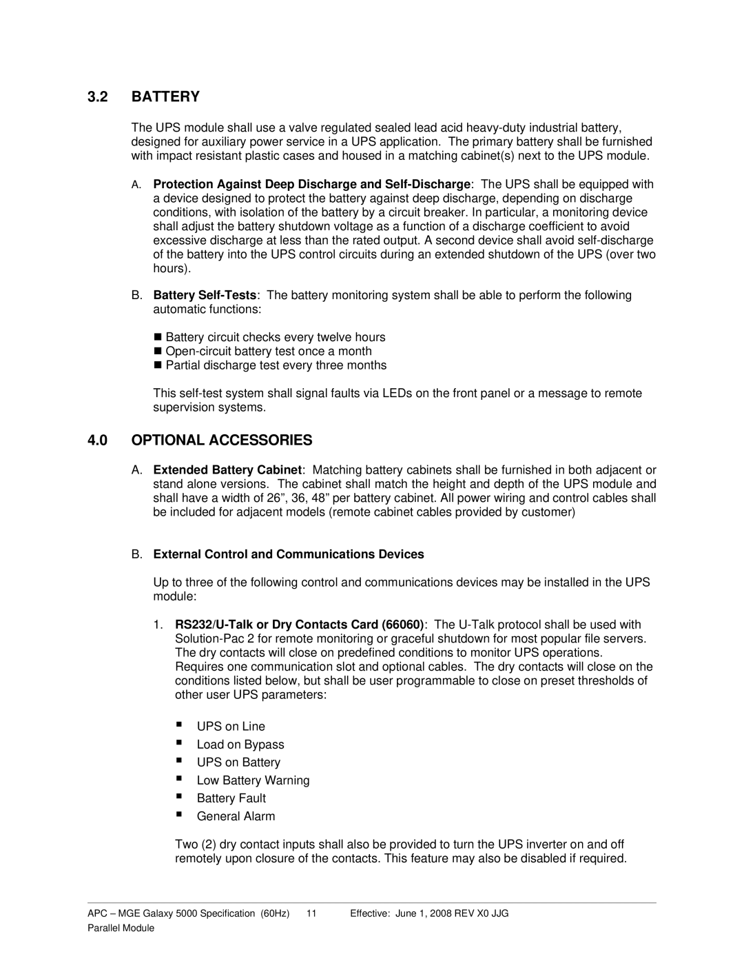 Schneider Electric 5000 specifications Battery, Optional Accessories, External Control and Communications Devices 