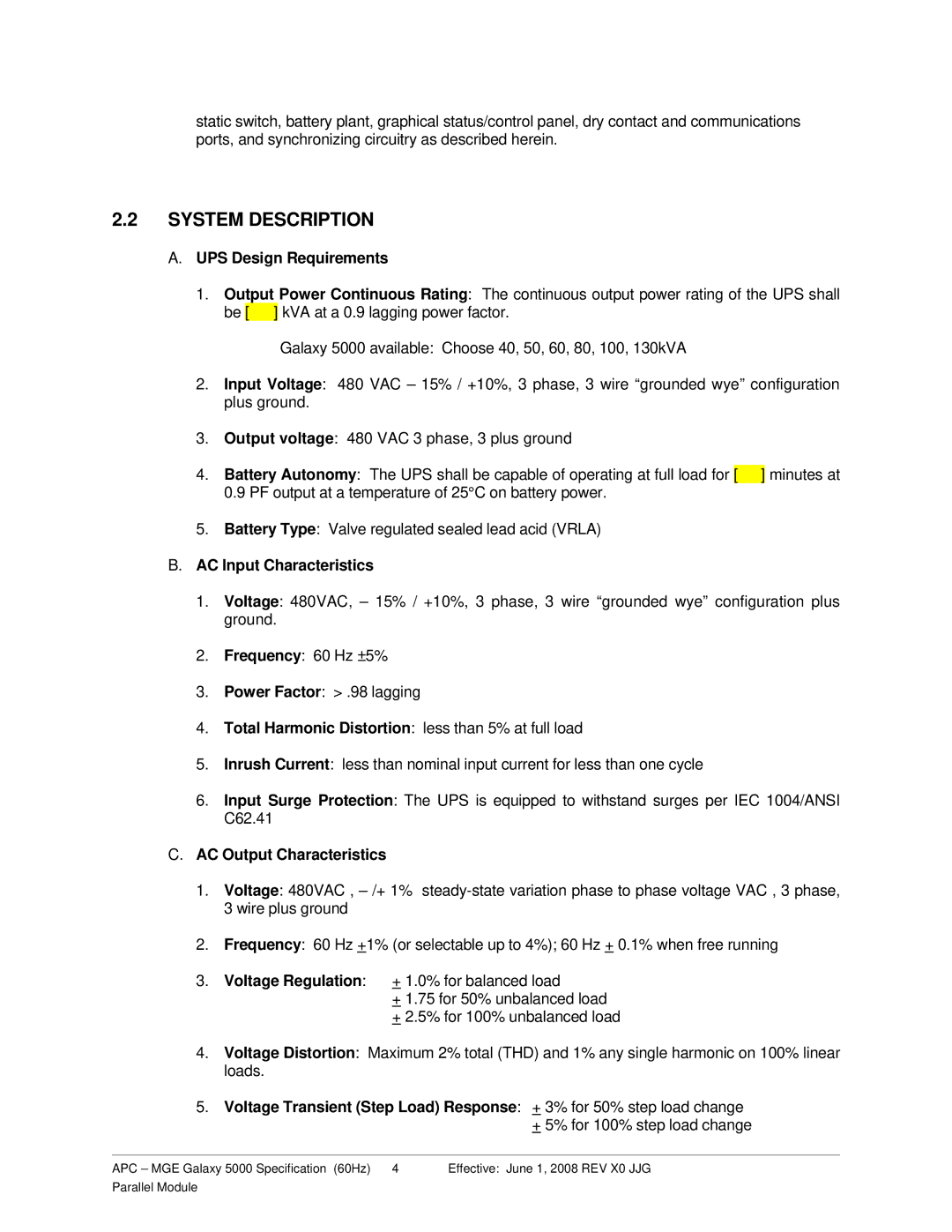 Schneider Electric 5000 System Description, UPS Design Requirements, AC Input Characteristics, AC Output Characteristics 