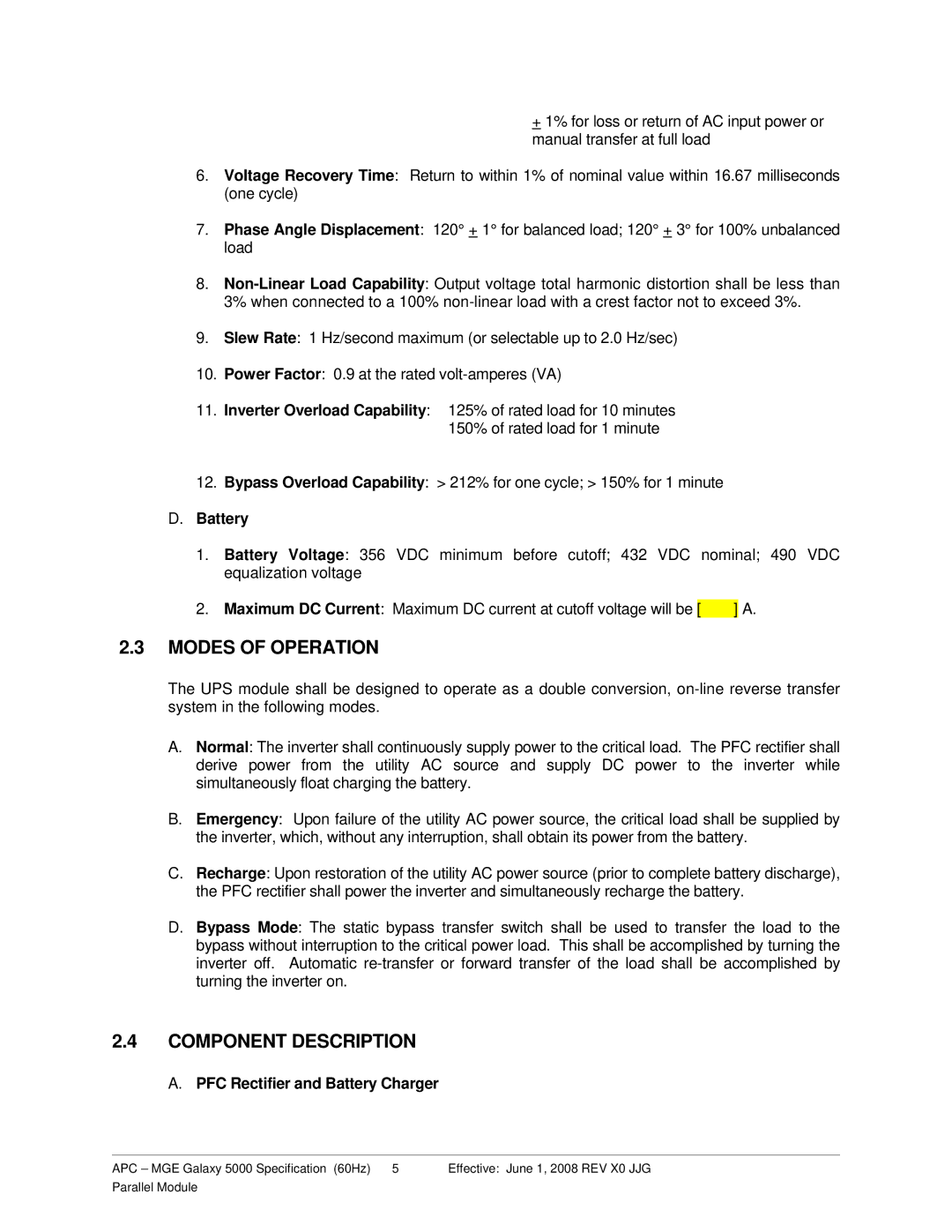 Schneider Electric 5000 specifications Modes of Operation, Component Description, PFC Rectifier and Battery Charger 