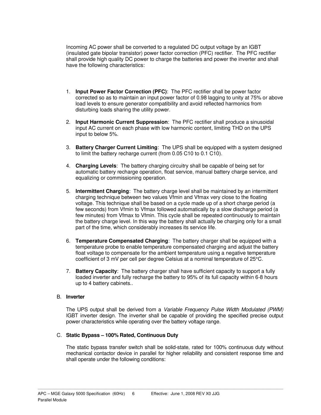 Schneider Electric 5000 specifications Inverter, Static Bypass 100% Rated, Continuous Duty 