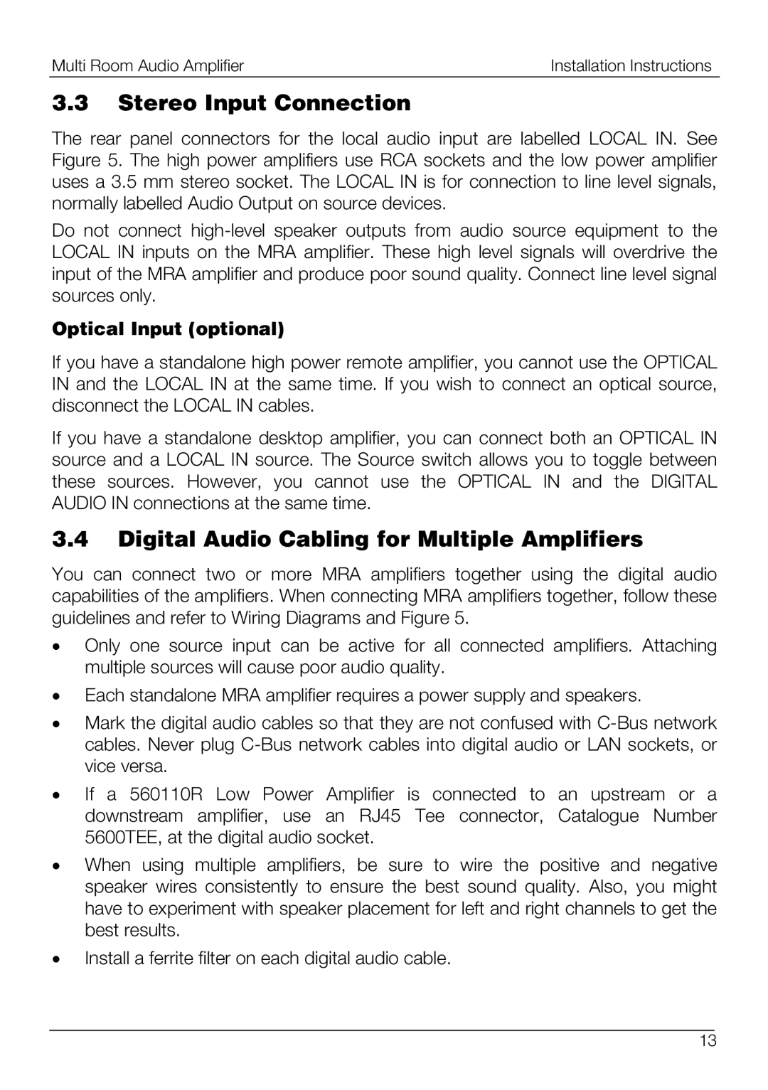 Schneider Electric 560125D/2, 560110R, 560125R/2 Stereo Input Connection, Digital Audio Cabling for Multiple Amplifiers 