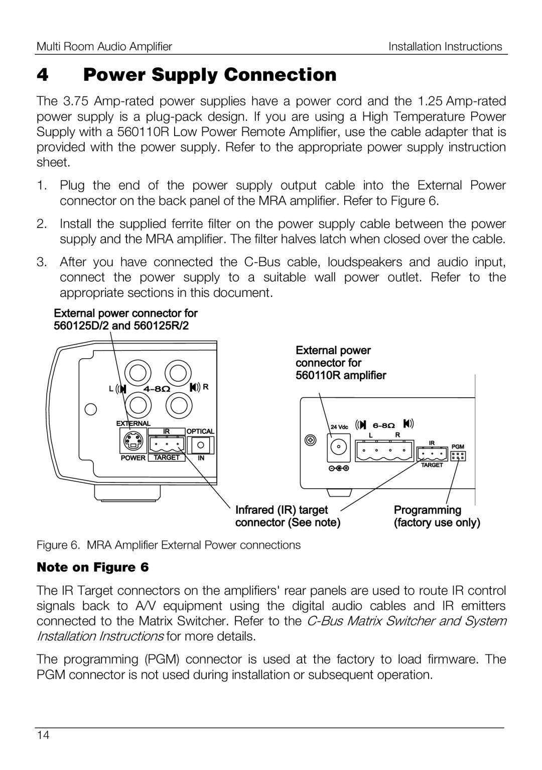 Schneider Electric 560125R/2, 560110R, 560125D/2 Power Supply Connection, MRA Amplifier External Power connections 