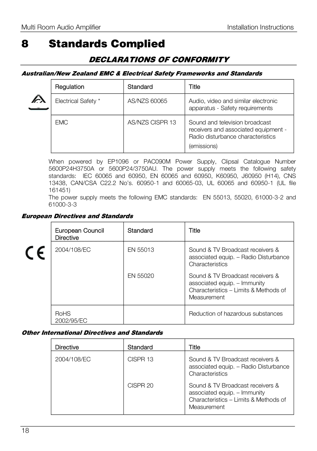 Schneider Electric 560110R, 560125D/2, 560125R/2 installation instructions Standards Complied, Declarations of Conformity 