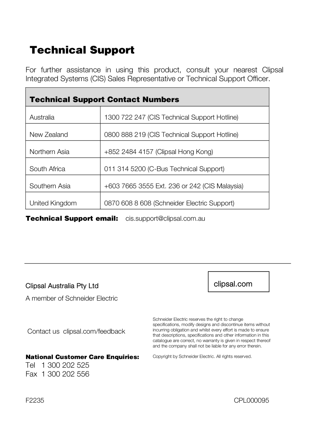 Schneider Electric 560125R/2, 560110R, 560125D/2 installation instructions Technical Support Contact Numbers, Clipsal.com 