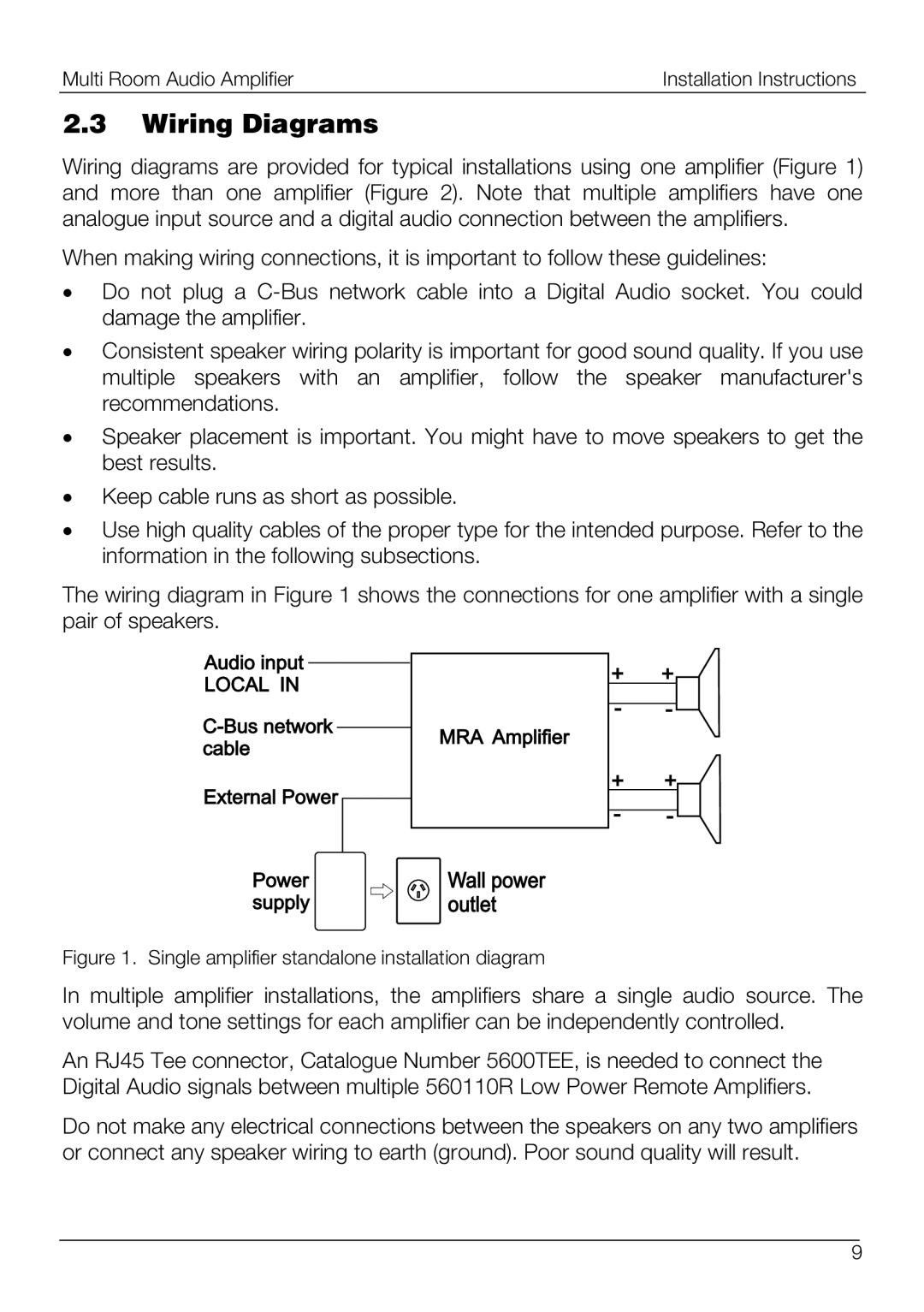 Schneider Electric 560110R, 560125D/2, 560125R/2 Wiring Diagrams, Single amplifier standalone installation diagram 