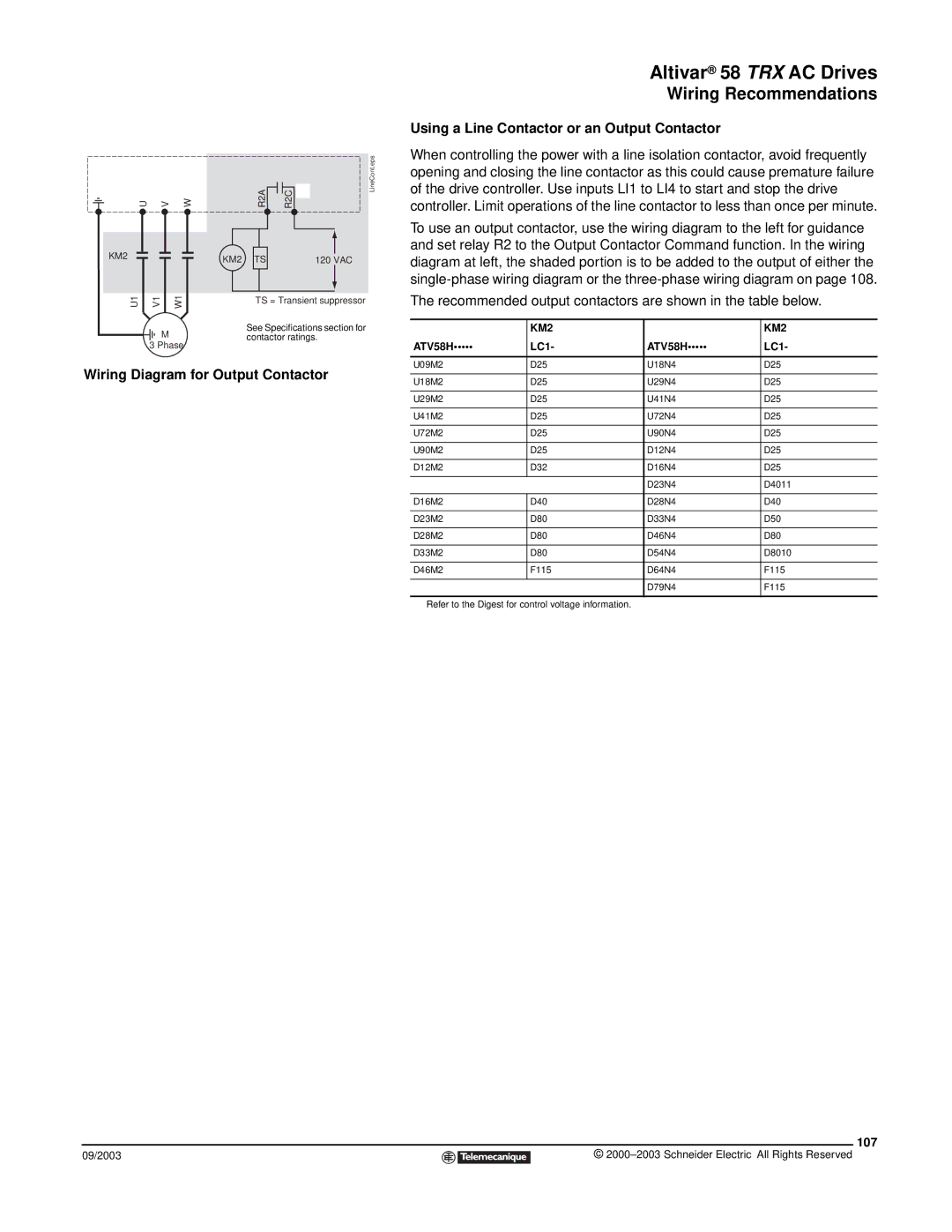 Schneider Electric 58 TRX manual Wiring Diagram for Output Contactor, Using a Line Contactor or an Output Contactor, 107 