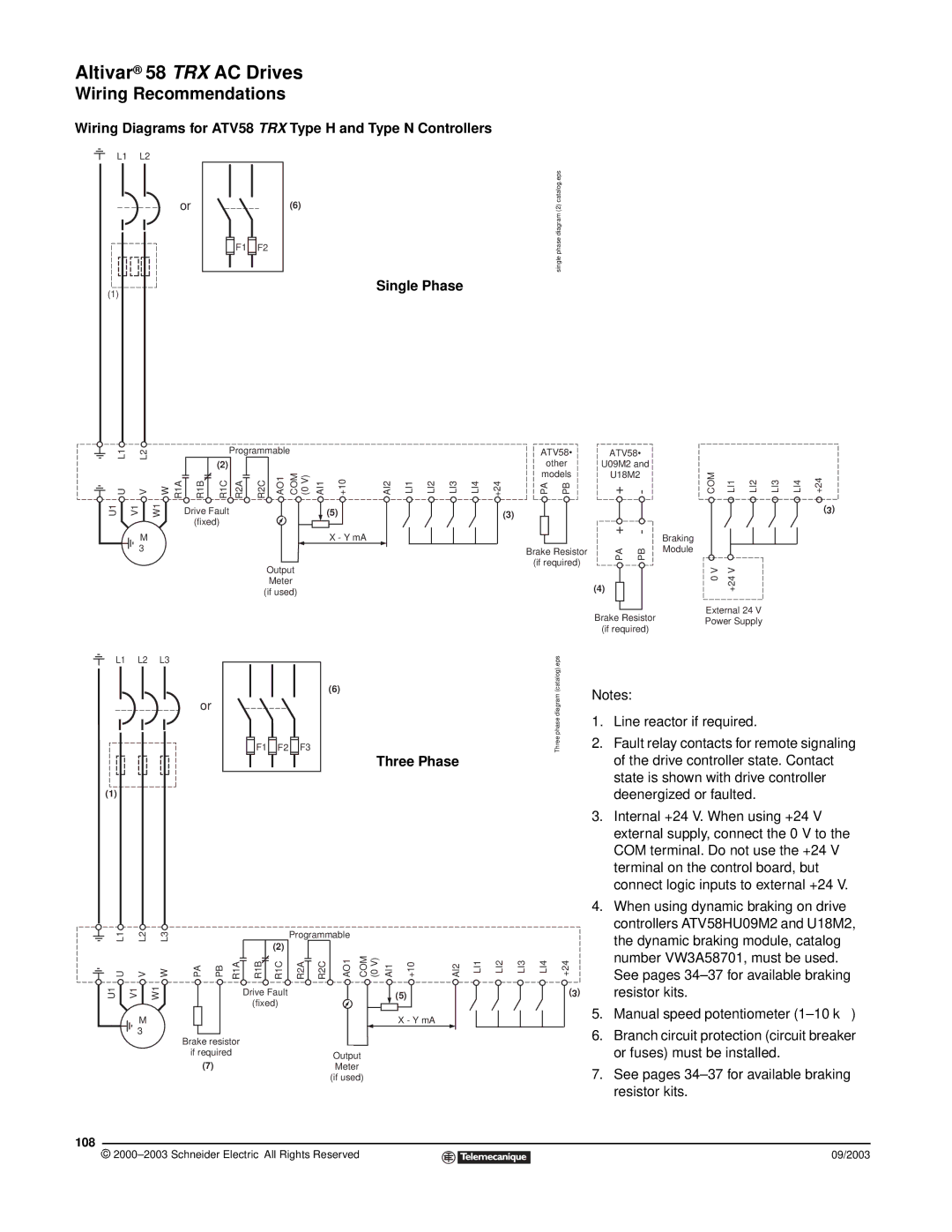 Schneider Electric manual Wiring Diagrams for ATV58 TRX Type H and Type N Controllers, Single Phase, Three Phase, 108 