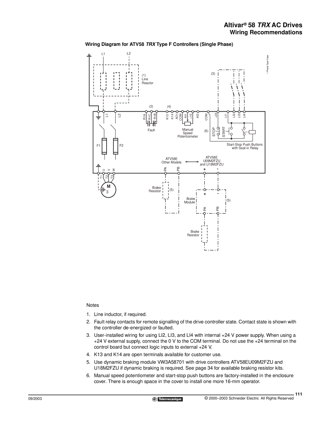 Schneider Electric manual Wiring Diagram for ATV58 TRX Type F Controllers Single Phase, 111 