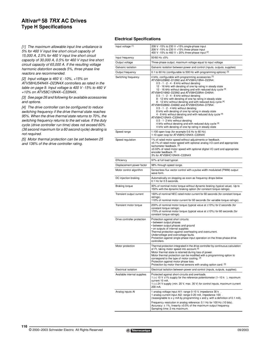 Schneider Electric 58 TRX manual Electrical Specifications, 116 