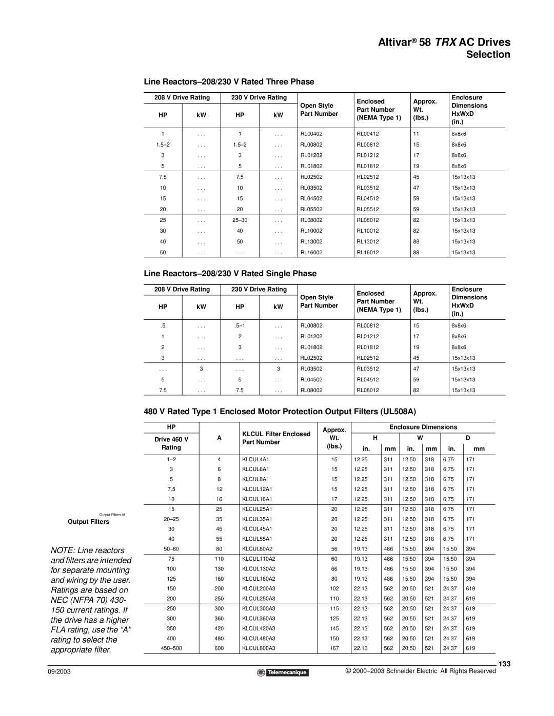 Schneider Electric 58 TRX manual Line Reactors-208/230 V Rated Three Phase, Line Reactors-208/230 V Rated Single Phase, 133 