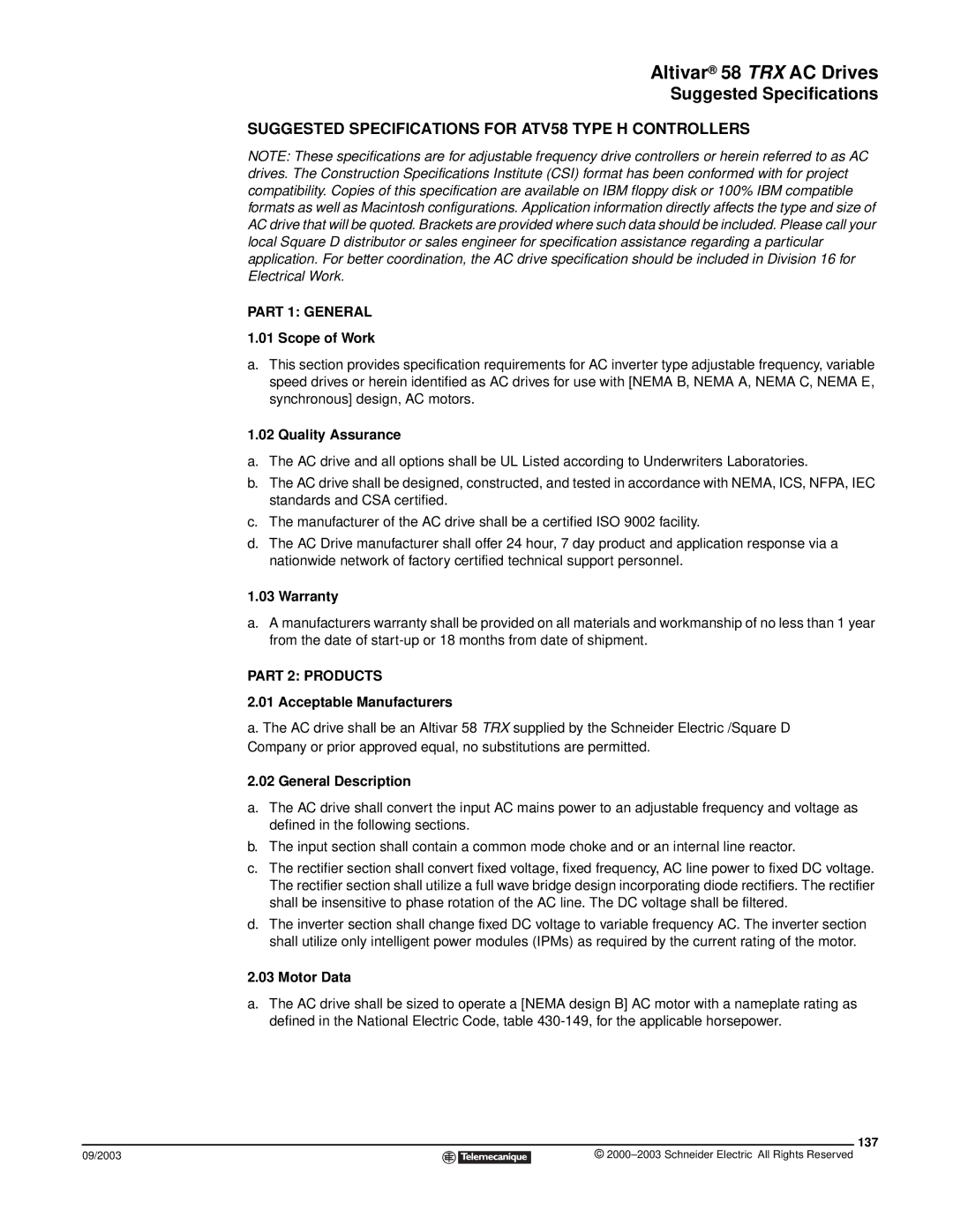 Schneider Electric 58 TRX manual Suggested Specifications for ATV58 Type H Controllers, Part 1 General, Part 2 Products 